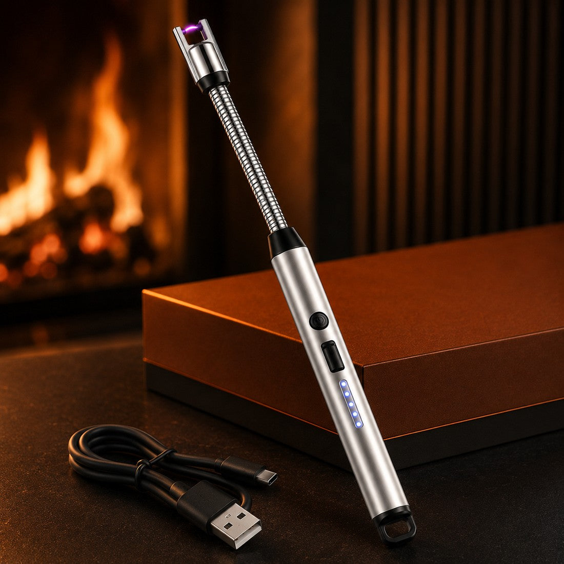 Briquet arc électrique rechargeable Embrasé avec câble USB-C, devant une cheminée