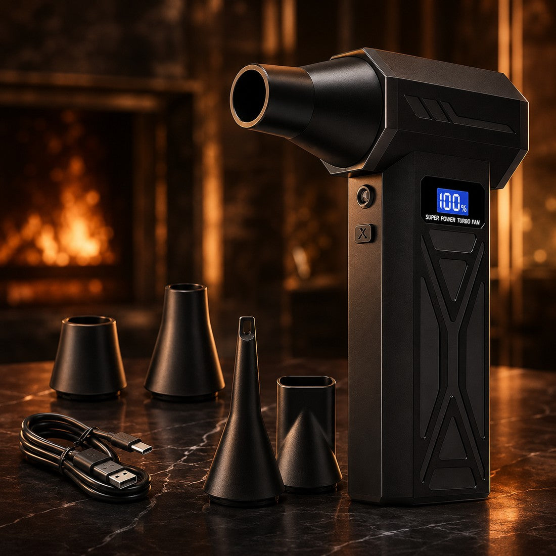 Souffleur turbo électrique rechargeable Embrasé avec embouts et câble USB-C, devant une cheminée